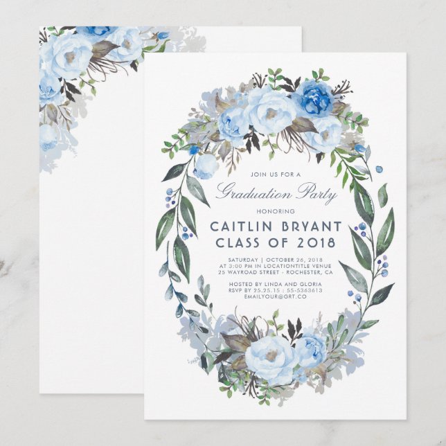 Dusty Blue Floral Wreath Elegant Graduation Party Invitation (Front/Back)