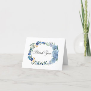 Dusty Blue Floral Wreath Greenery Wedding Thank You Card