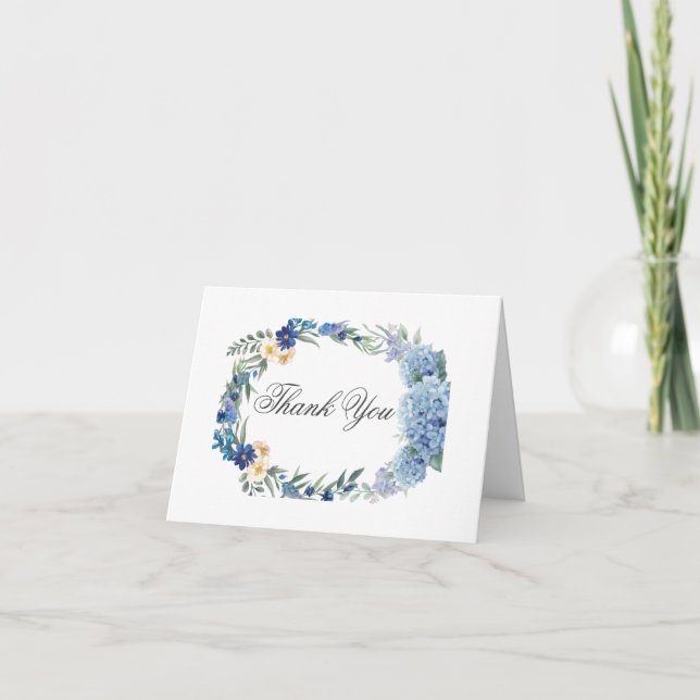 Dusty Blue Floral Wreath Greenery Wedding Thank You Card (Front)