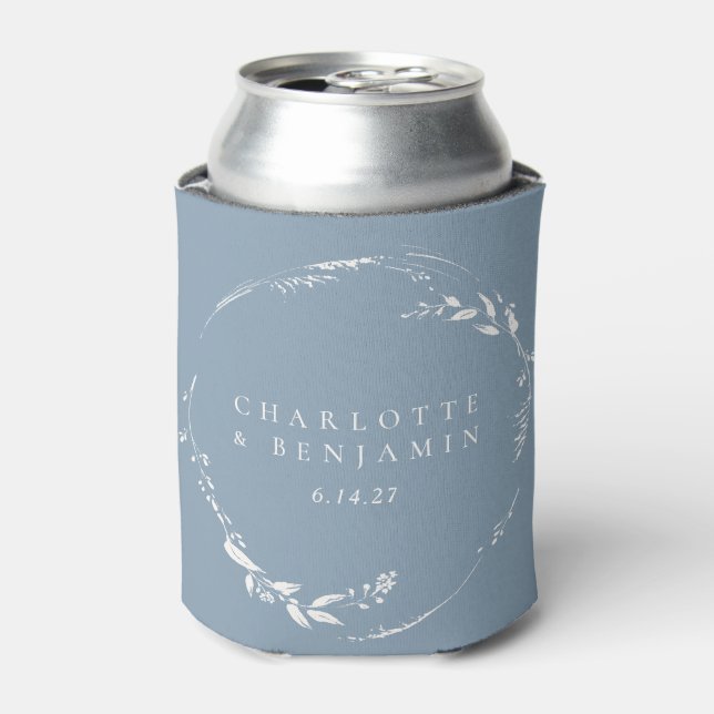 Dusty Blue Floral Wreath Monogram Personalised Can Cooler (Can Front)