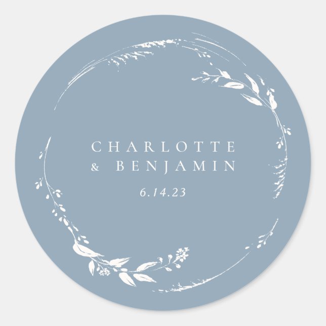 Dusty Blue Floral Wreath Monogram Personalised Classic Round Sticker (Front)