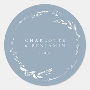 Dusty Blue Floral Wreath Monogram Personalised Classic Round Sticker