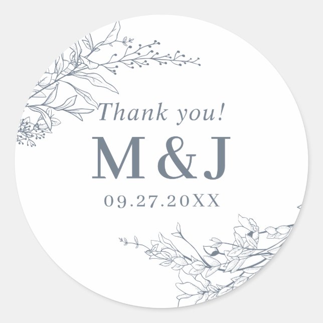 Dusty Blue Floral Wreath Monogram Thank you Classic Round Sticker (Front)