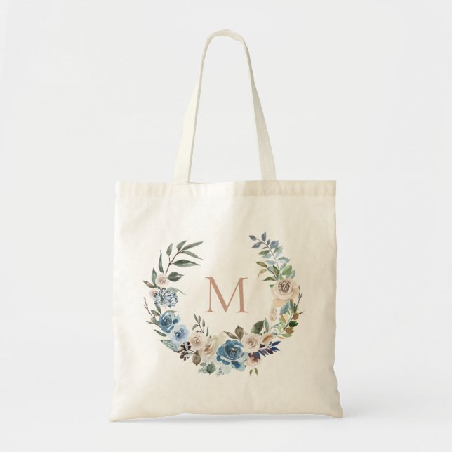 Dusty Blue Floral Wreath Monogram Tote Bag (Front)