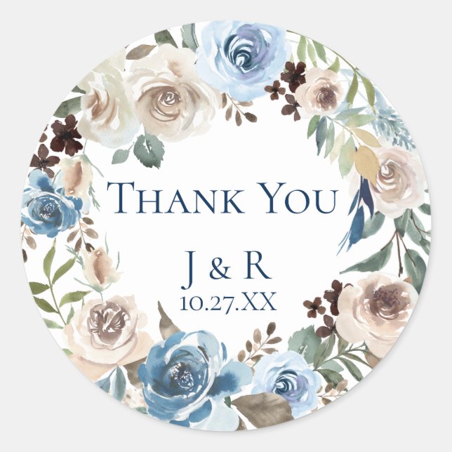 Dusty Blue Floral Wreath Personalised Favour Classic Round Sticker (Front)