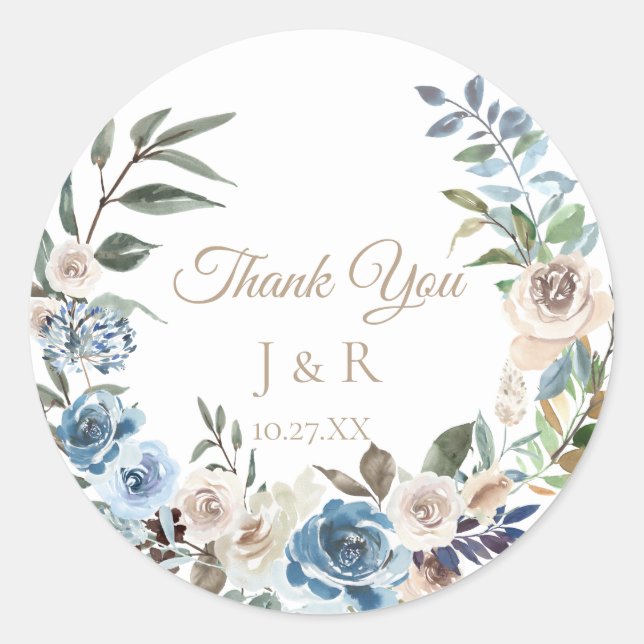 Dusty Blue Floral Wreath Personalised Wedding Classic Round Sticker (Front)