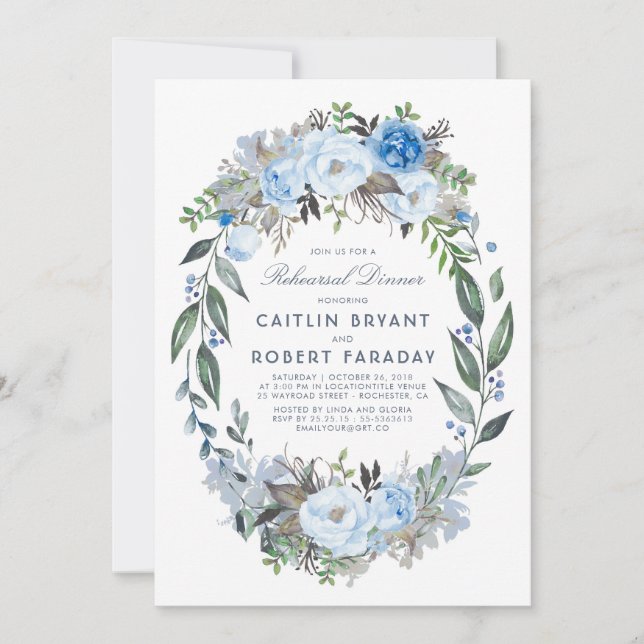 Dusty Blue Floral Wreath Rehearsal Dinner Invitation (Front)
