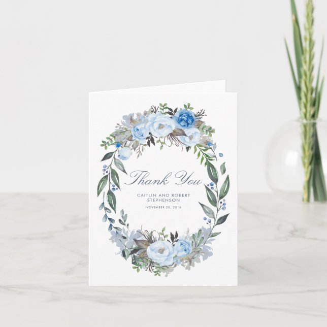 Dusty Blue Floral Wreath Wedding Thank You Card (Front)