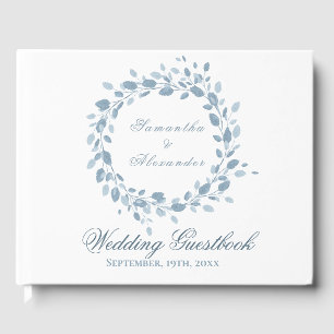 Dusty Blue Floral Wreath White Wedding Guest Book