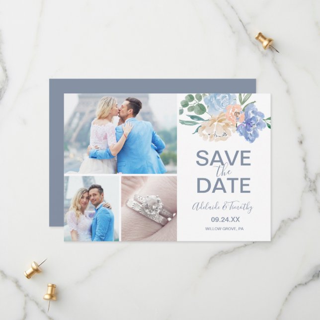 Dusty Blue Florals 3 Photo Collage Save The Date (Front/Back In Situ)