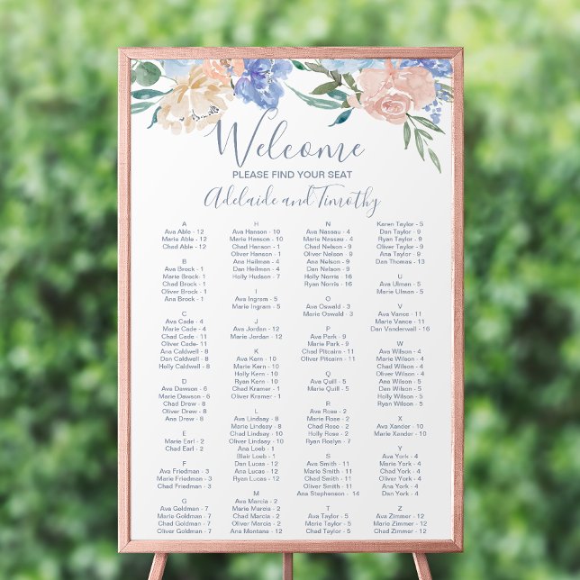 Dusty Blue Florals Alphabetical Seating Chart (Creator Uploaded)