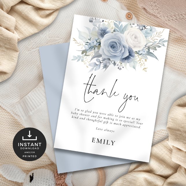 Dusty Blue Florals Baby Shower Thank You Card (Front and back view)