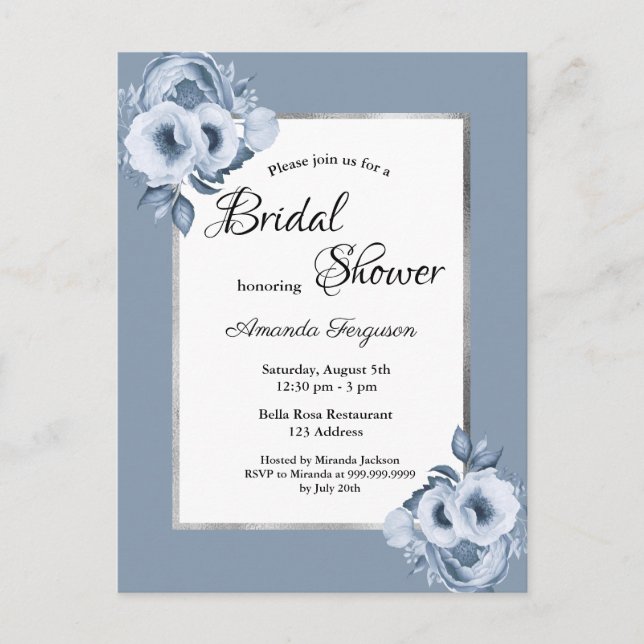 Dusty blue florals bridal shower invitation postcard (Front)