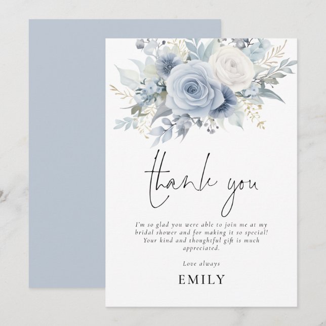 Dusty Blue Florals Bridal Shower Thank You Card (Front/Back)