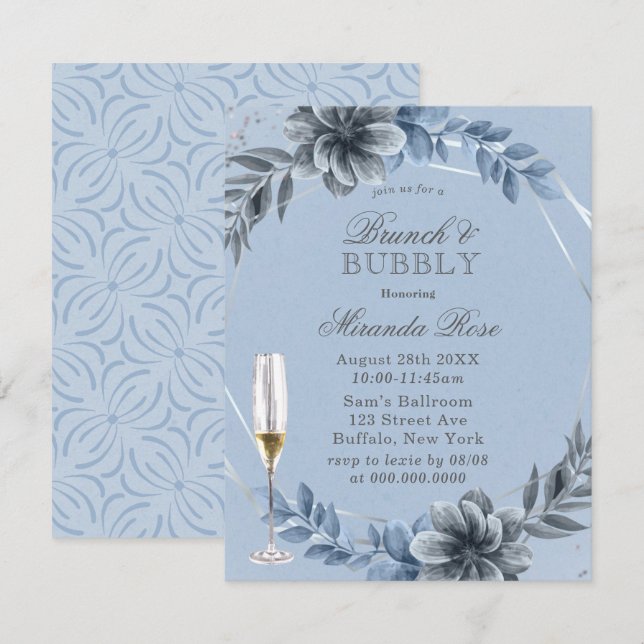 Dusty Blue Florals Brunch & Bubbly Invite (Front/Back)