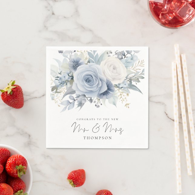 Dusty Blue Florals Congrats Mr Mrs Wedding  Napkin (Insitu)