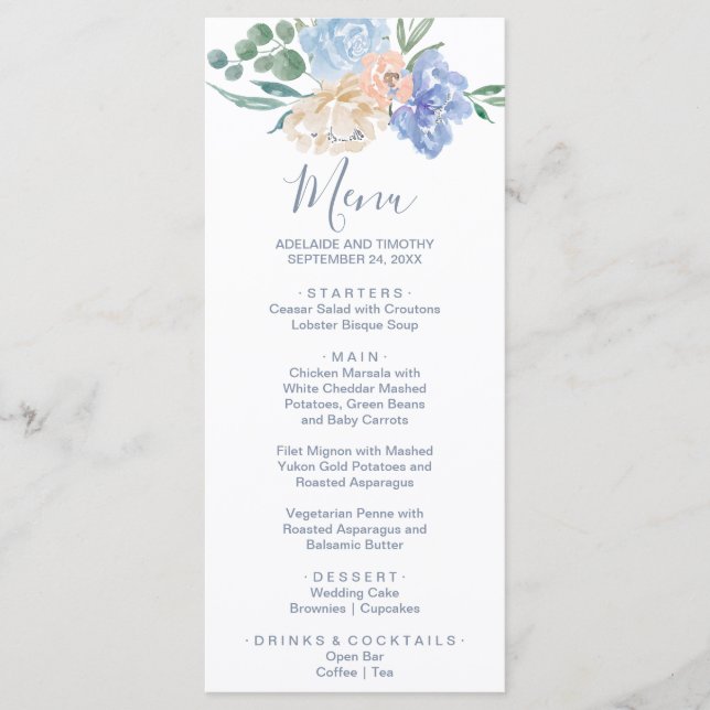 Dusty Blue Florals Dinner Menu Card (Front)