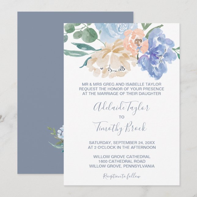 Dusty Blue Florals Formal Wedding Invitation (Front/Back)