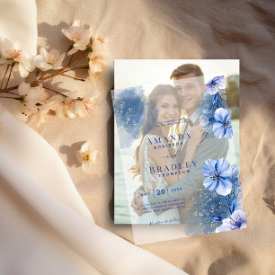 Dusty Blue Florals & Gold Glitter Elegant Wedding Vellum Invitations