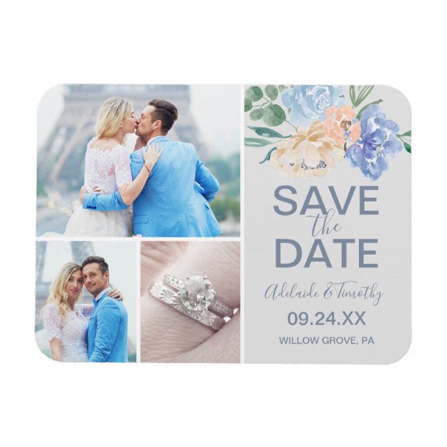 Dusty Blue Florals | Gray 3 Photo Save the Date Magnet (Horizontal)