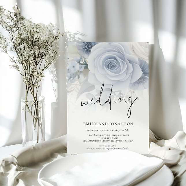 Dusty Blue Florals Informal Script Wedding Invitation (Creator Uploaded)