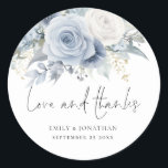 Dusty Blue Florals Love Thanks Wedding Classic Round Sticker<br><div class="desc">Dusty Blue Florals Love Thanks Wedding. Beautiful summery light blue florals decorate the top,  and Love and Thanks is in a set informal handwritten style. Easily personalise your names and wedding date.</div>