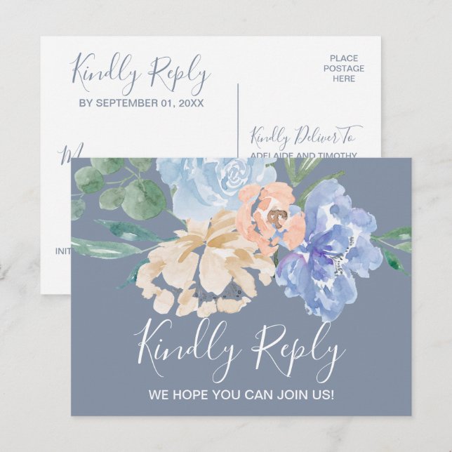 Dusty Blue Florals Menu Choice RSVP Postcard (Front/Back)