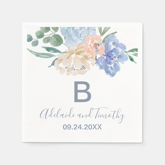 Dusty Blue Florals Monogram Wedding Napkin (Front)