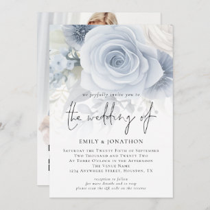 Dusty Blue Florals Overlay Photo QR Code Wedding Invitation