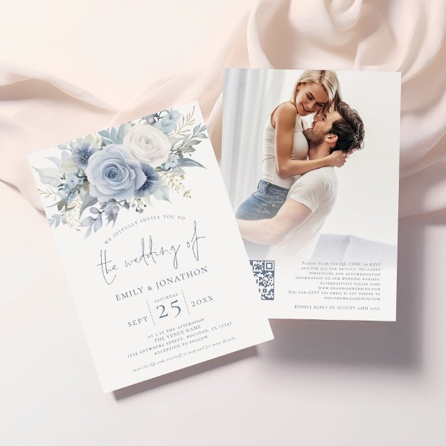 Dusty Blue Florals Photo QR Code Blue Text Wedding Invitation (Front and back view)