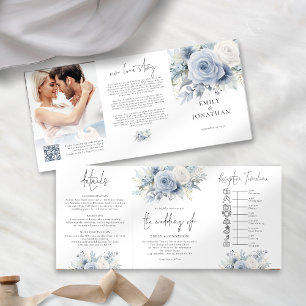 Dusty Blue  Florals Photo QR Code Timeline Wedding Tri-Fold Invitation