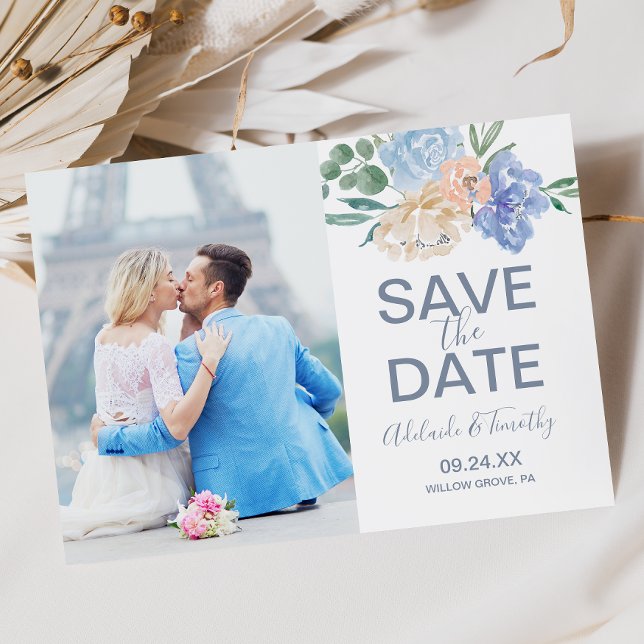 Dusty Blue Florals Photo Save the Date Card (Creator Uploaded)