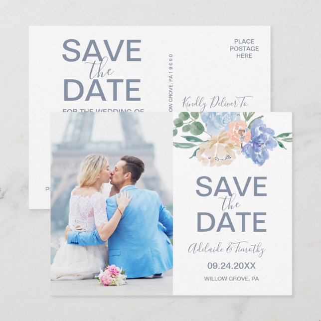 Dusty Blue Florals Photo Save the Date Postcard (Front/Back)