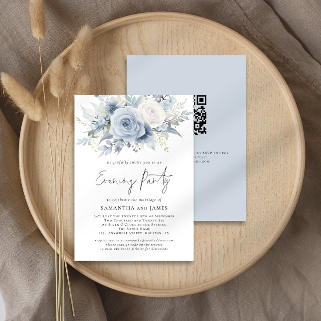 Dusty Blue Florals QR Code Wedding Evening Party Invitation (Front and back view)