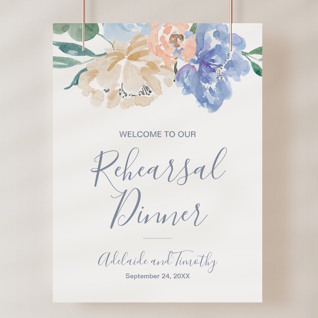 Dusty Blue Florals Rehearsal Dinner Welcome Sign (Dusty Blue Florals Rehearsal Dinner Welcome Sign)