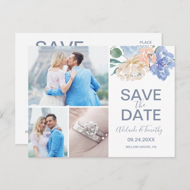 Dusty Blue Florals Save the Date 3 Photo Postcard (Front/Back)