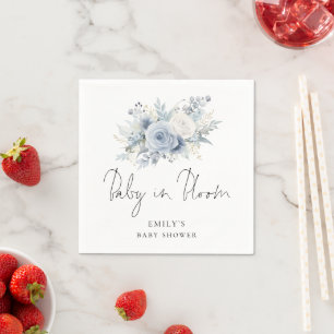 Dusty Blue Florals Script Baby in Bloom Shower Napkin
