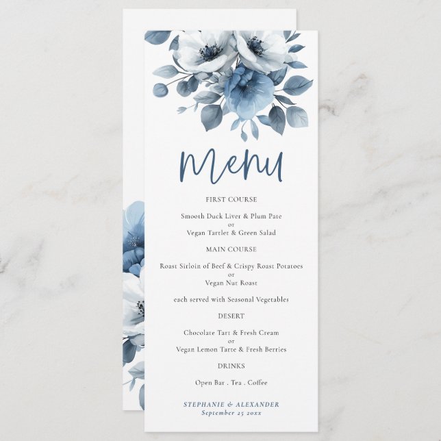 Dusty Blue Florals Script Wedding Printable Menu Invitation (Front/Back)