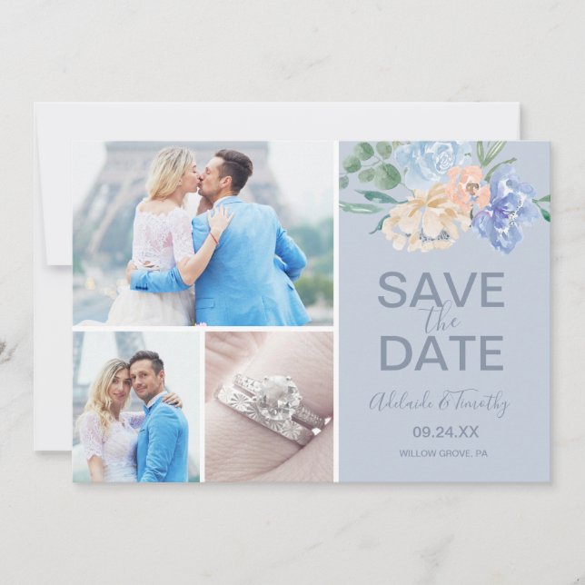 Dusty Blue Florals | Slate 3 Photo Collage Save The Date (Front)