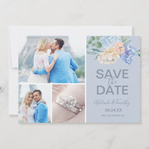 Dusty Blue Florals   Slate 3 Photo Collage Save The Date