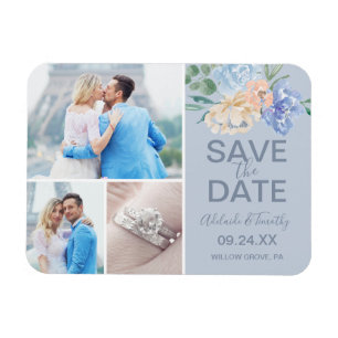 Dusty Blue Florals   Slate 3 Photo Save the Date Magnet