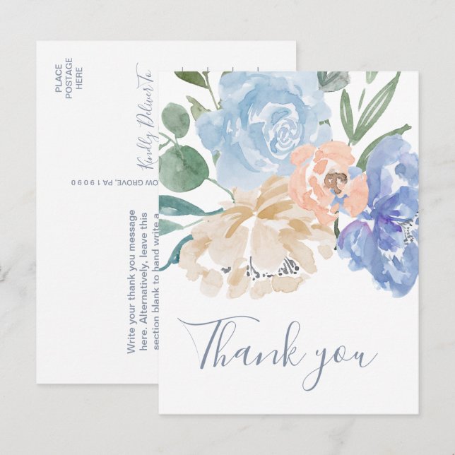 Dusty Blue Florals Thank You Postcard (Front/Back)