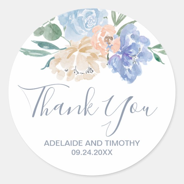 Dusty Blue Florals Thank You Wedding Favour Classic Round Sticker (Front)