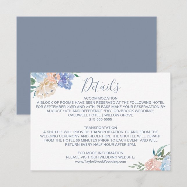 Dusty Blue Florals Wedding Details Card (Front/Back)
