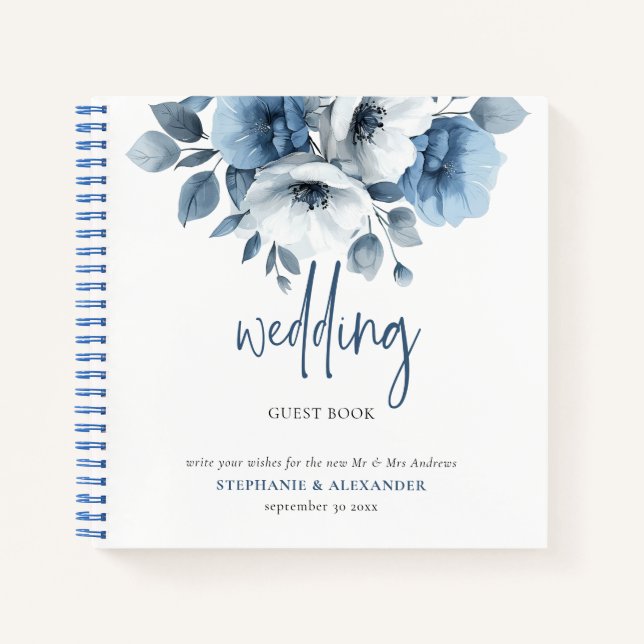 Dusty Blue Florals Wedding Guest Book (Front)