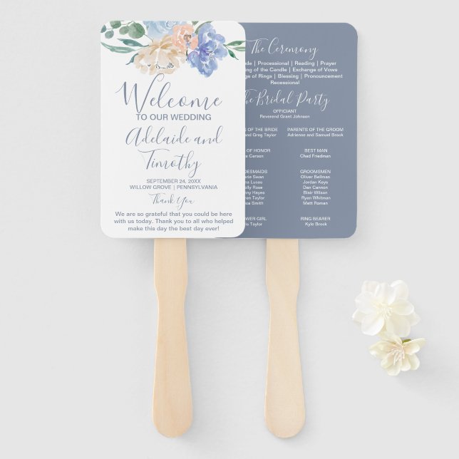 Dusty Blue Florals Wedding Program Hand Fan (Front and Back)