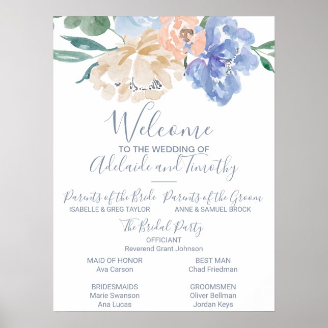 Dusty Blue Florals Wedding Program Poster (Front)