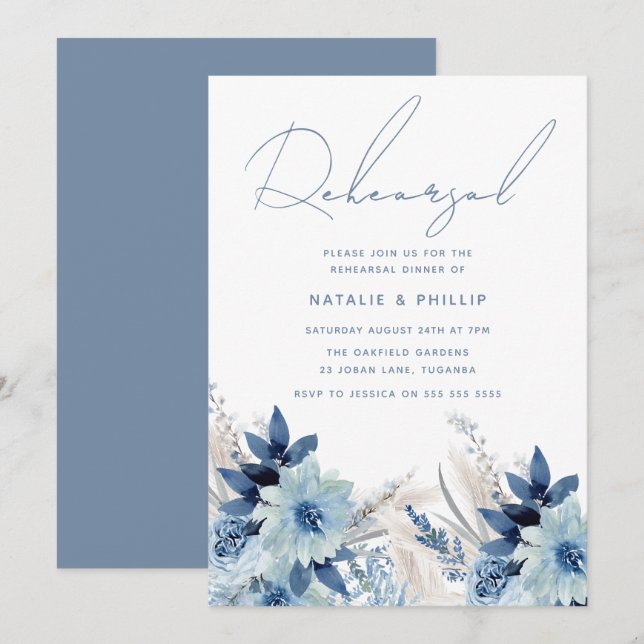 Dusty Blue Florals Wedding Rehearsal Dinner Invitation (Front/Back)