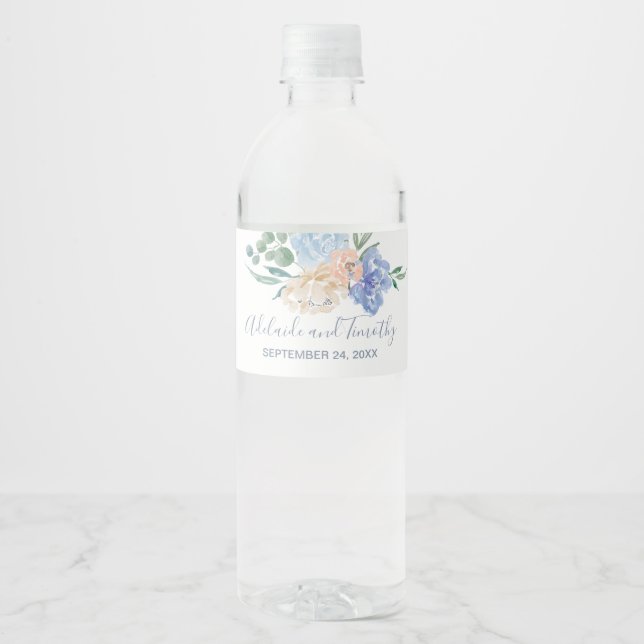 Dusty Blue Florals Wedding Water Bottle Label (Front)