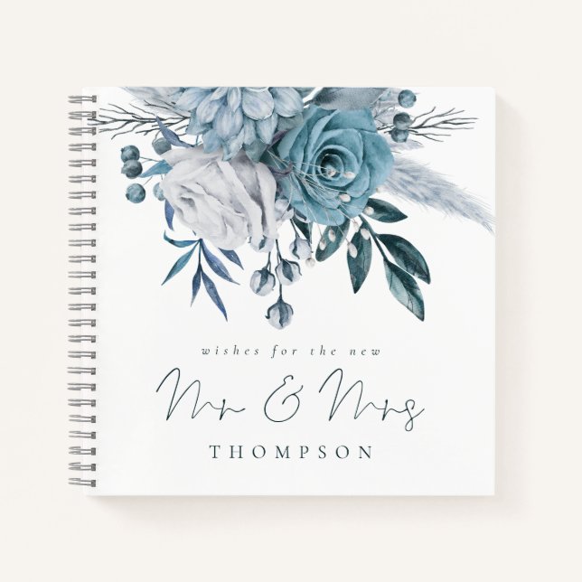 Dusty Blue Florals Wishes New Mr Mrs Guest Book (Front)